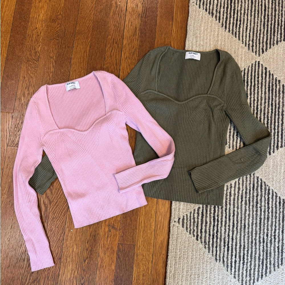 Mid Sweetheart Neckline Ribbed Sweaters in Pink and Olive